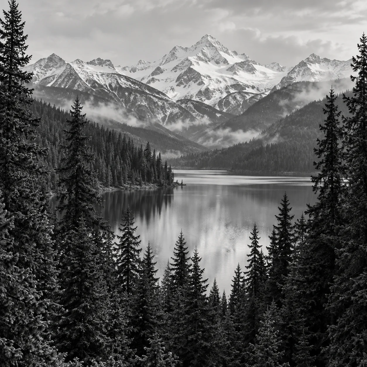 Bosque de coníferas alrededor de un lago, con montañas nevadas al fondo, en blanco y negro